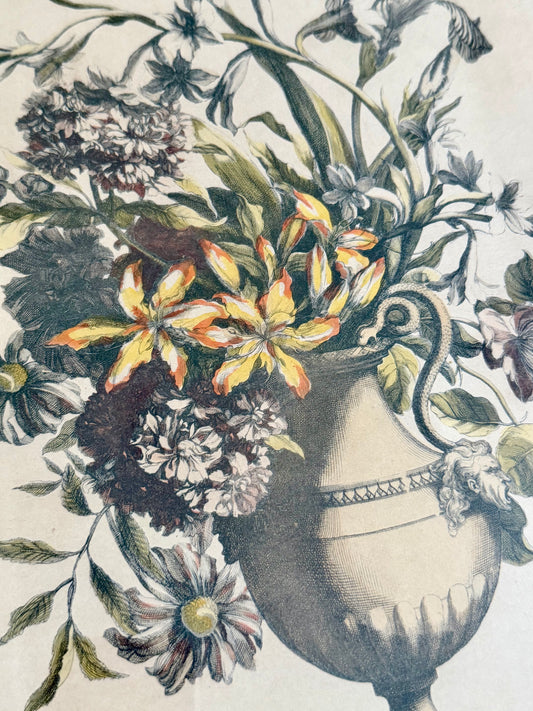 framed hand colored engraving of a floral arrangement attributed to Jean-Baptiste Monnoyer