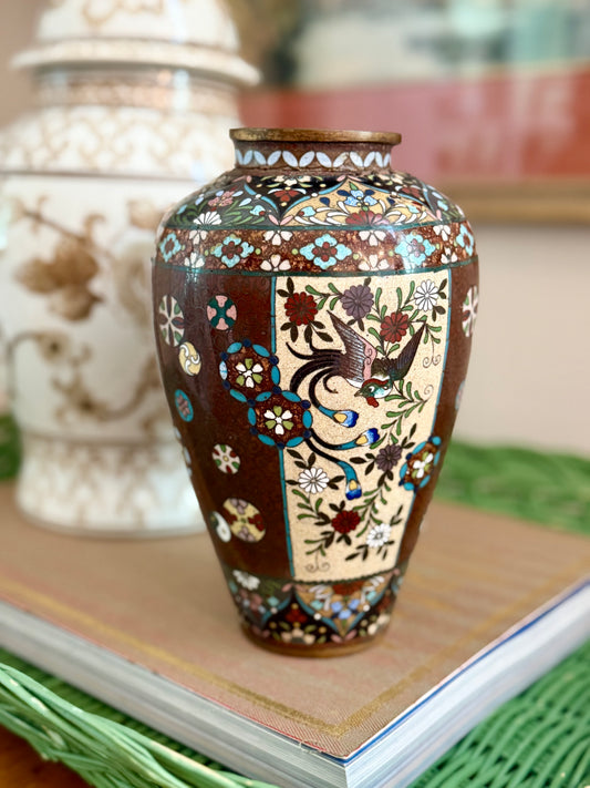 antique Chinese cloisonne vase with brown "goldstone" background
