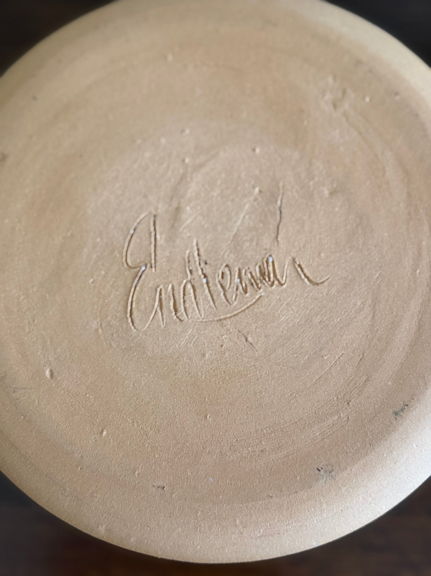 MCM studio pottery terracotta wave pattern bowl, signed by Sally Ann Endleman