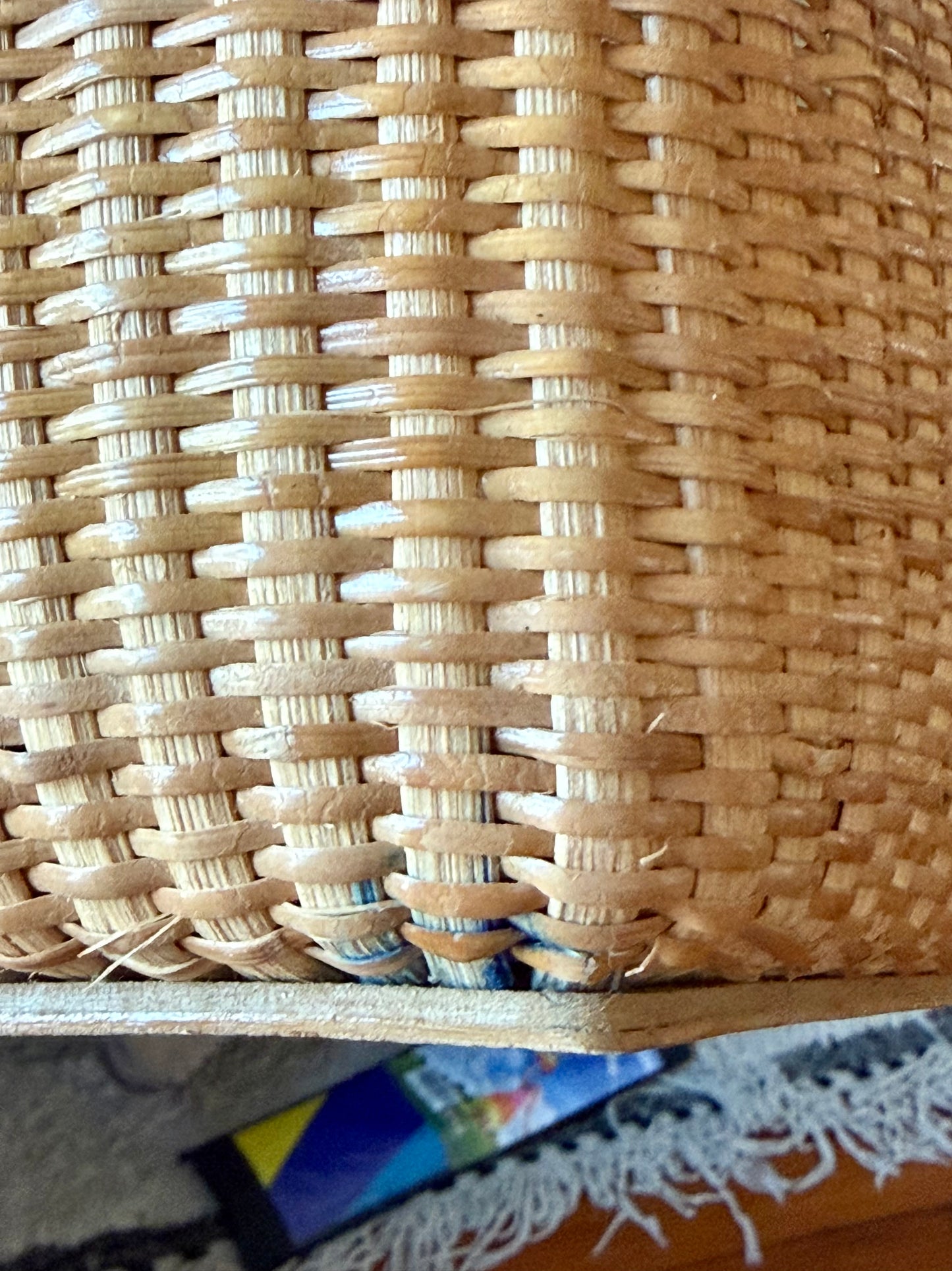 Nantucket-style woven wicker and wood flatware caddy
