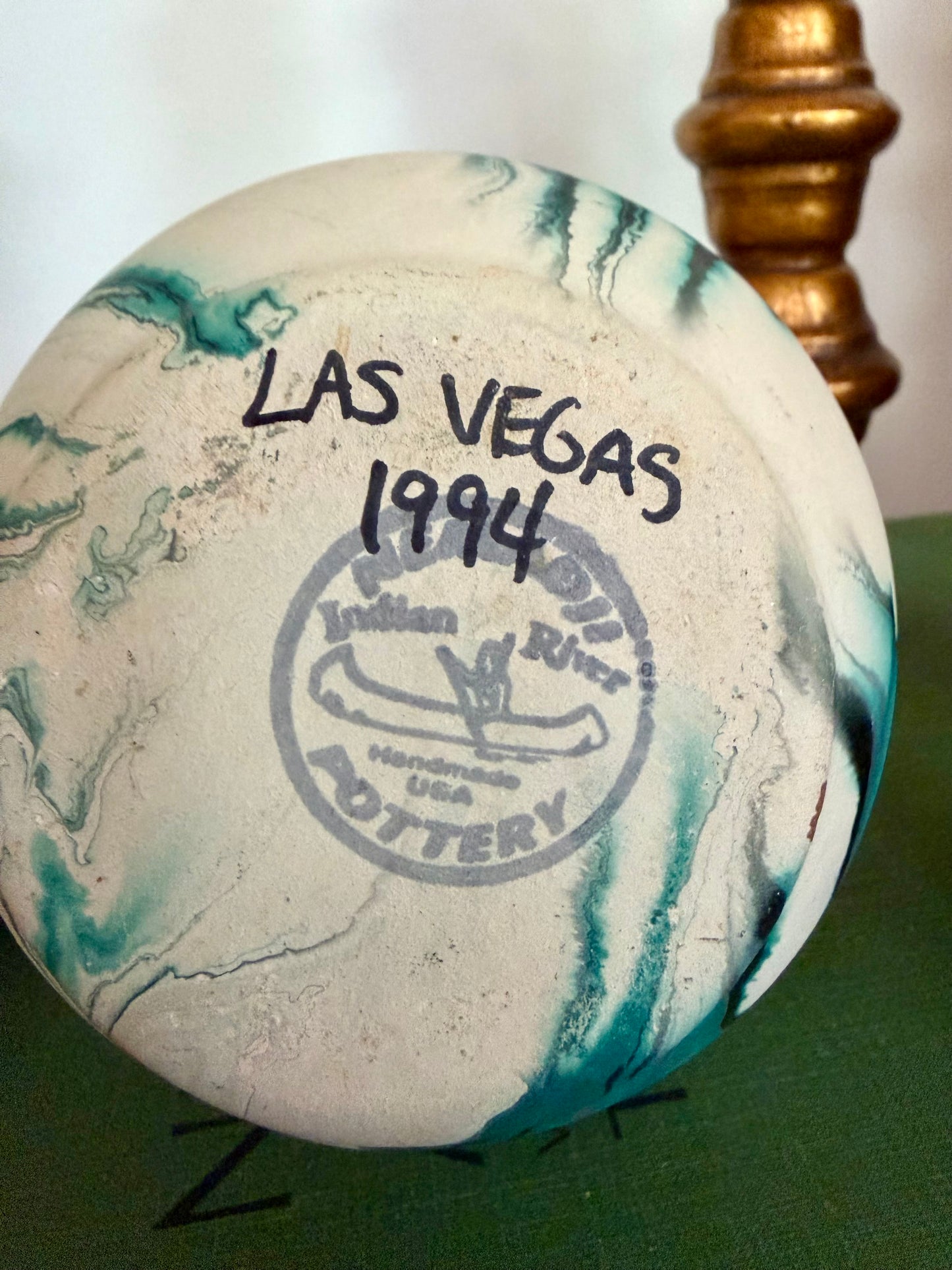 teal Nemadji marbelized pottery vase