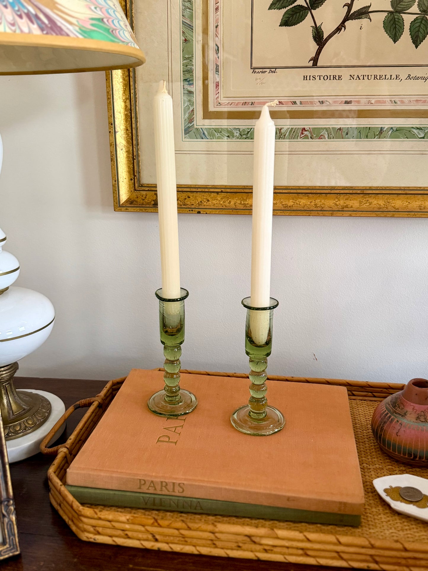 pair of green Jamestown Glasshouse handblown candlesticks