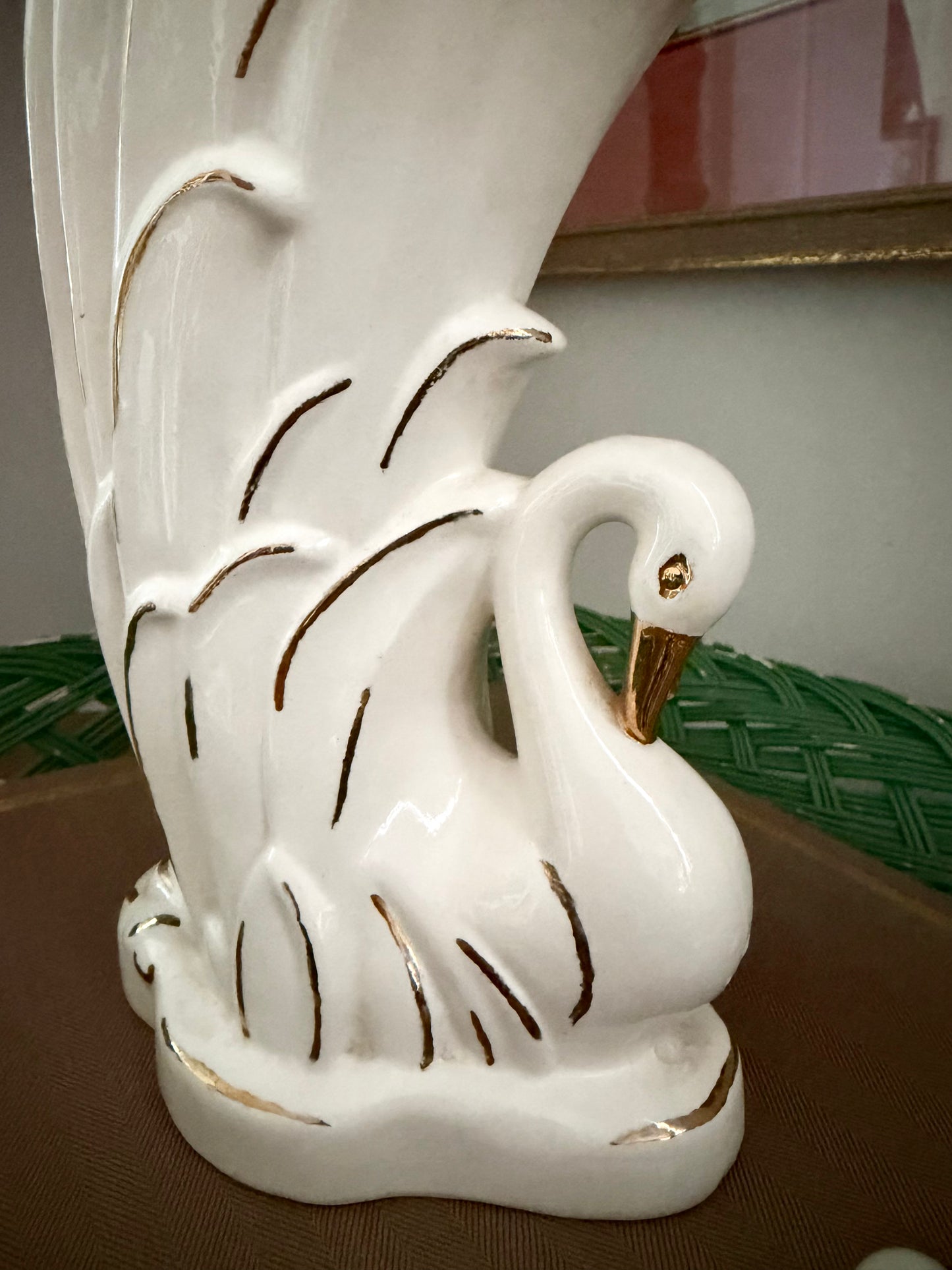 ceramic swan vase with gold gilt details