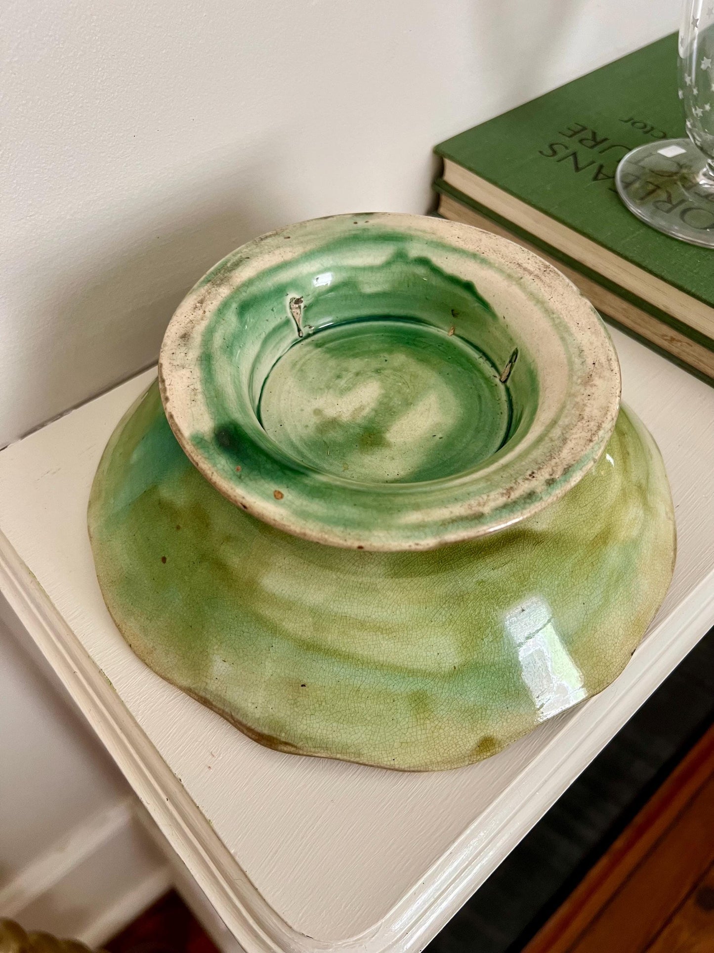 majolica lily pad footed bowl
