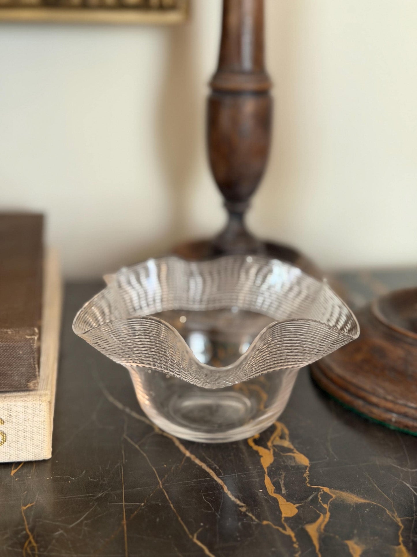 clear ruffled edge vase with striped rim