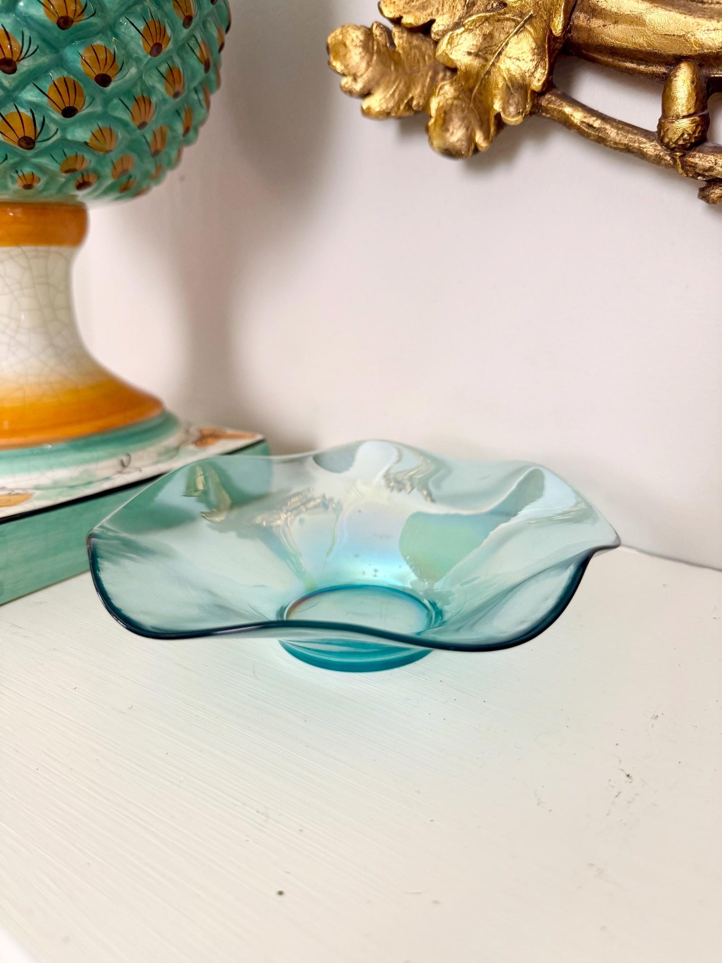 iridescent light blue ruffled carnival glass bowl