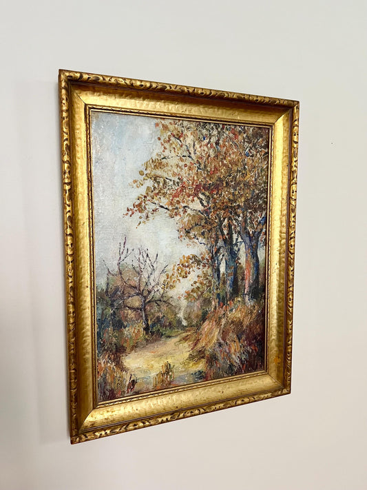 oil painting of fall trees in gold gilt frame