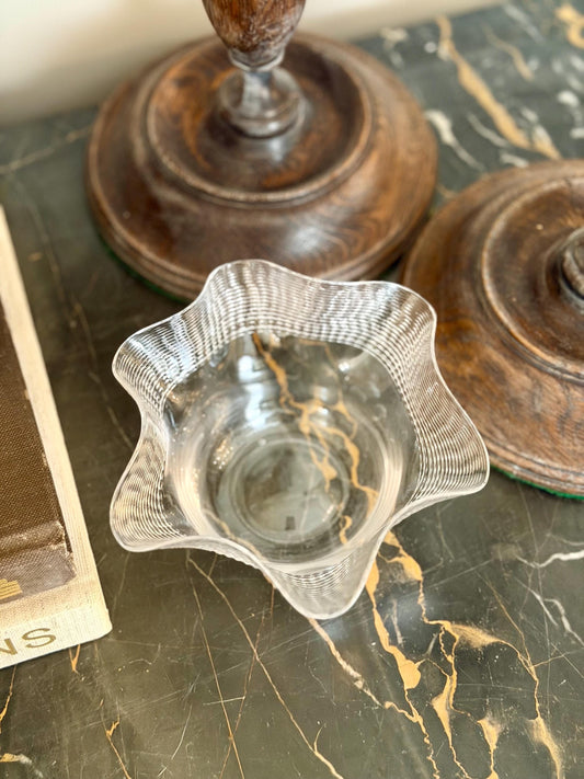 clear ruffled edge vase with striped rim
