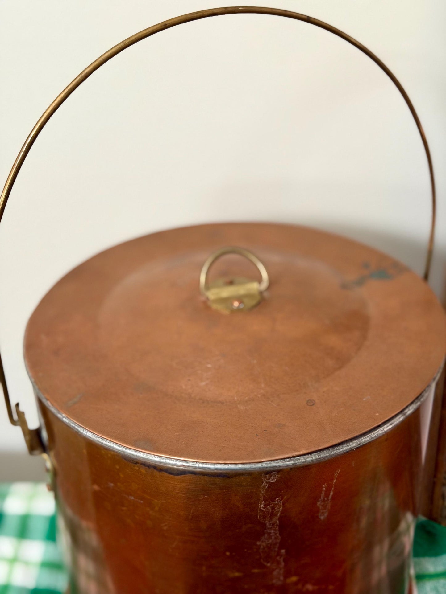 copper lidded canister with thin handle