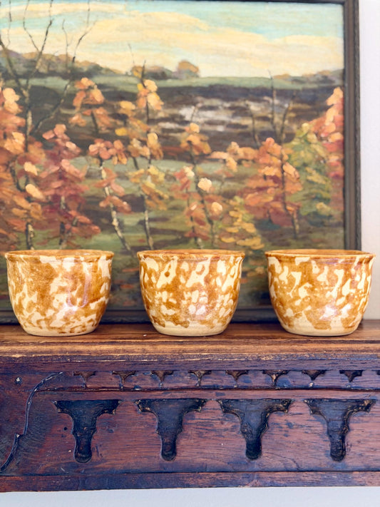 yellow / brown antique Rockingham Bennington yellow spongeware custard cups, set of 3