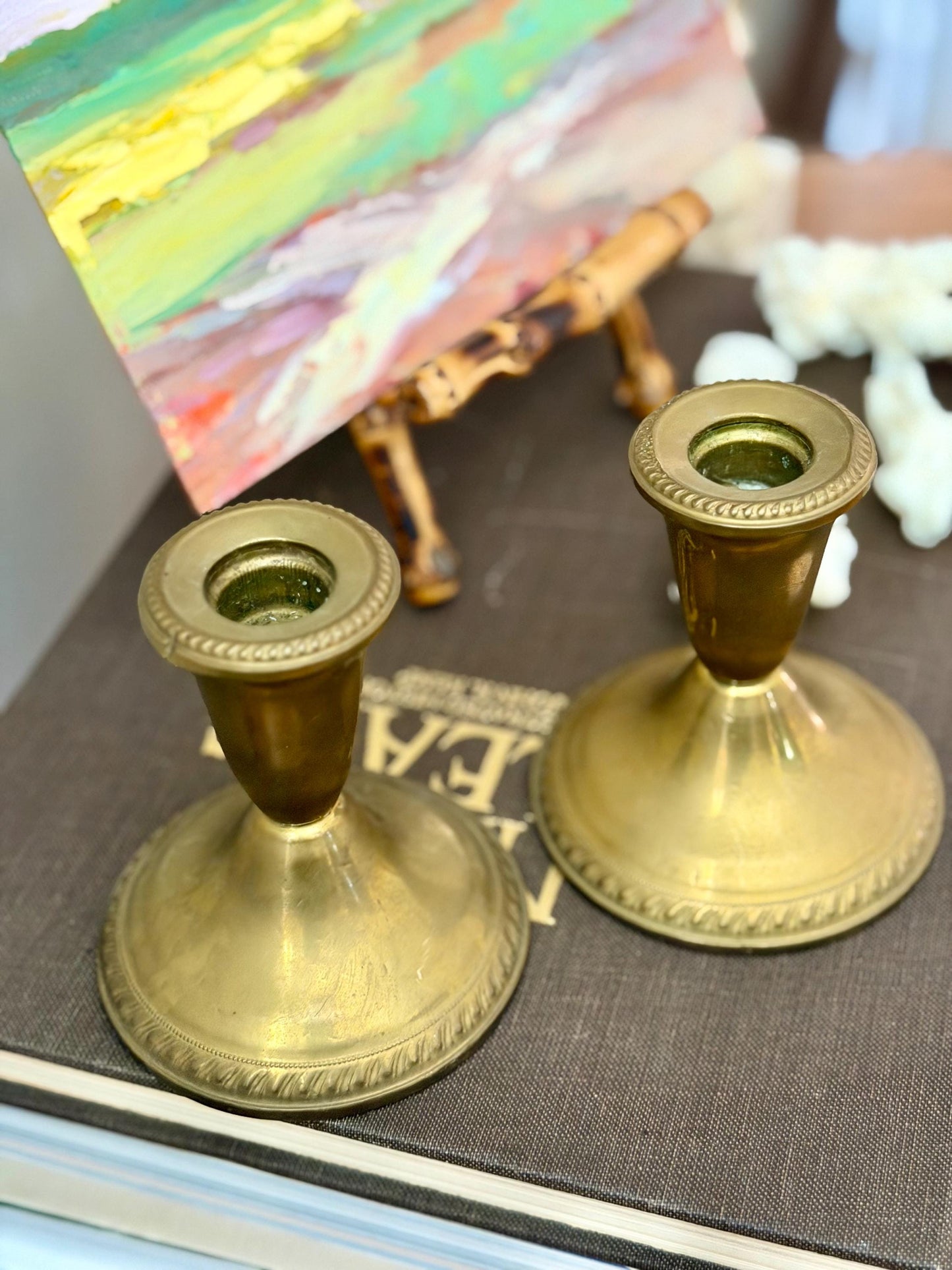 pair of short brass candlesticks