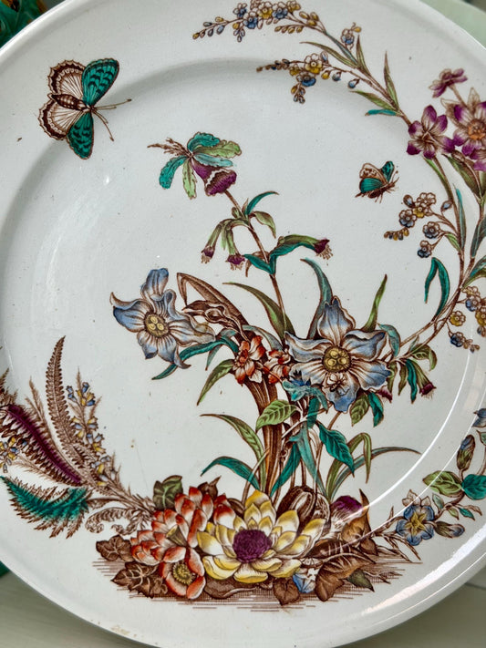 antique aesthetic movement flora and fauna hand-colored ironstone transferware plate