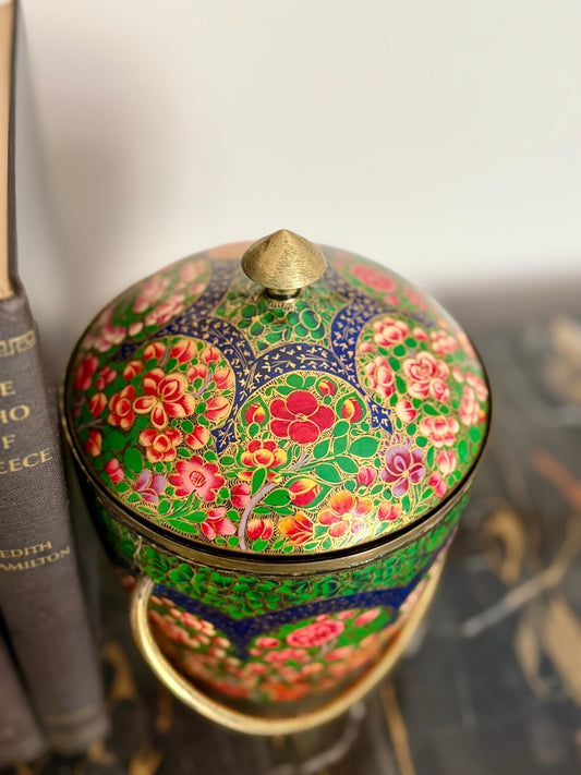 colorful hand painted Kashmiri lidded canister with handle