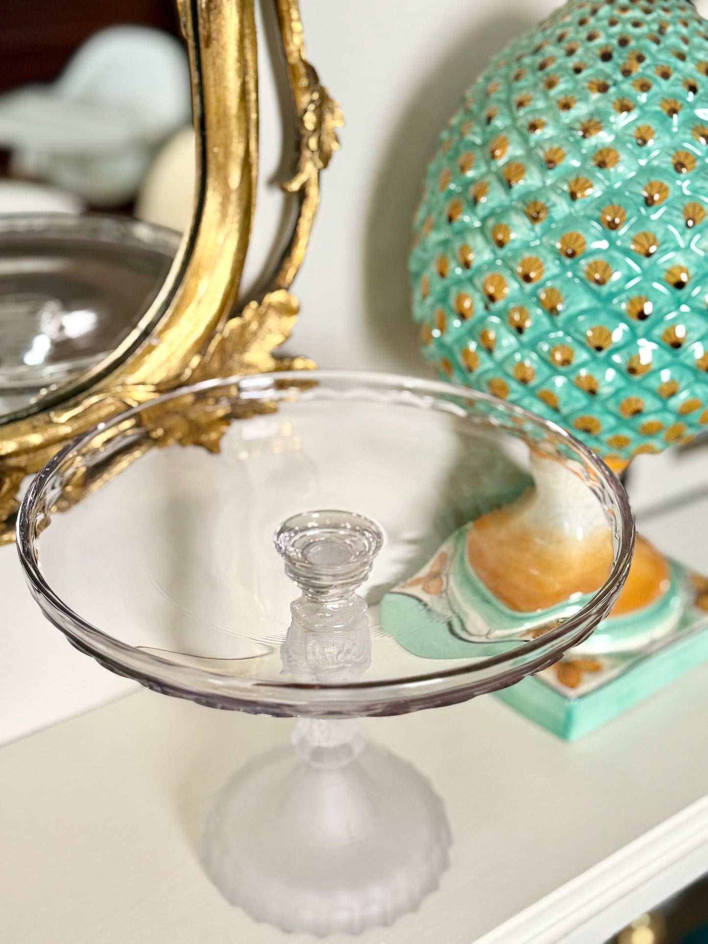 vintage Duncan & Miller Three Faces style pedestal cake stand