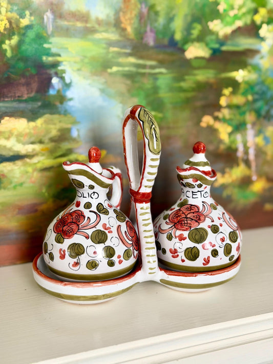 hand painted ceramic Italian oil and vinegar cruet set