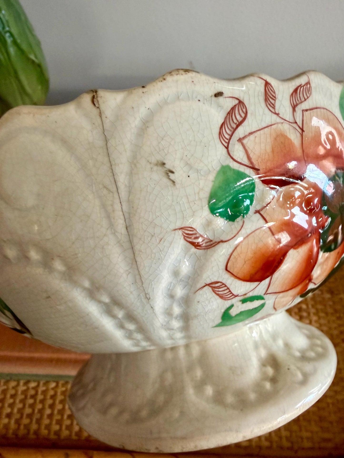 antique hand-painted French style faience scalloped pedestal bowl