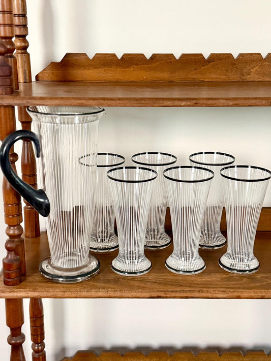 Art Deco black and white striped glasses and pitcher set