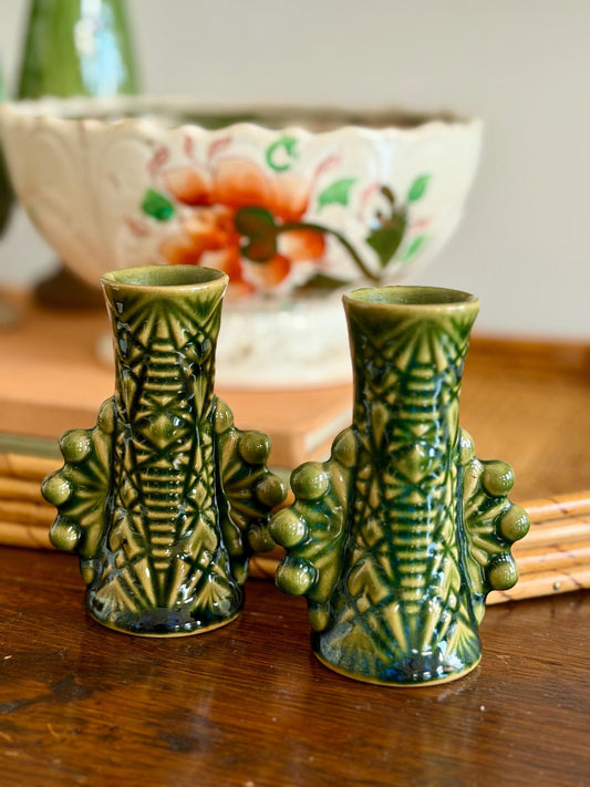 pair of vintage signed, green ceramic bud vases