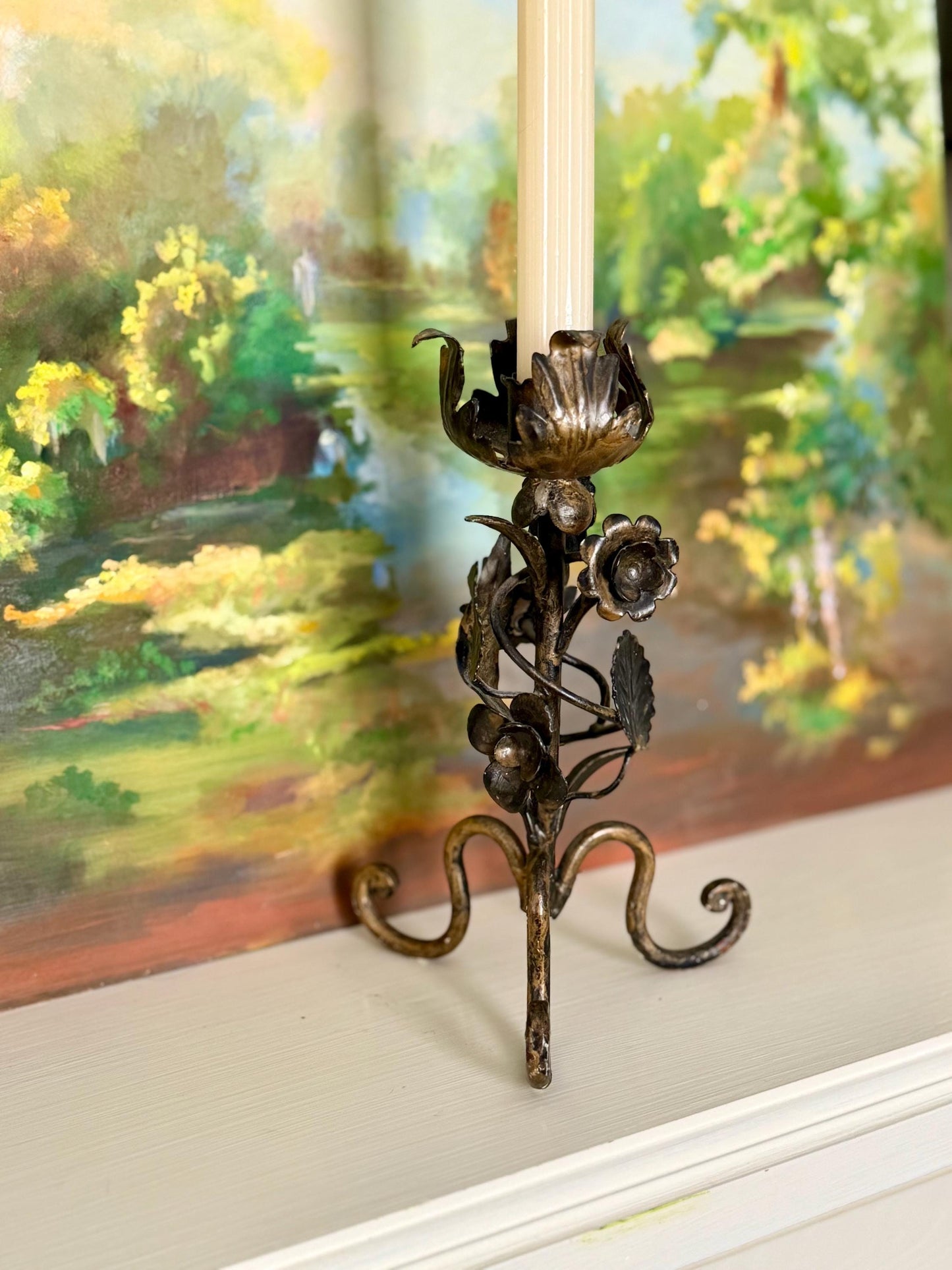 black and gold toleware candlestick