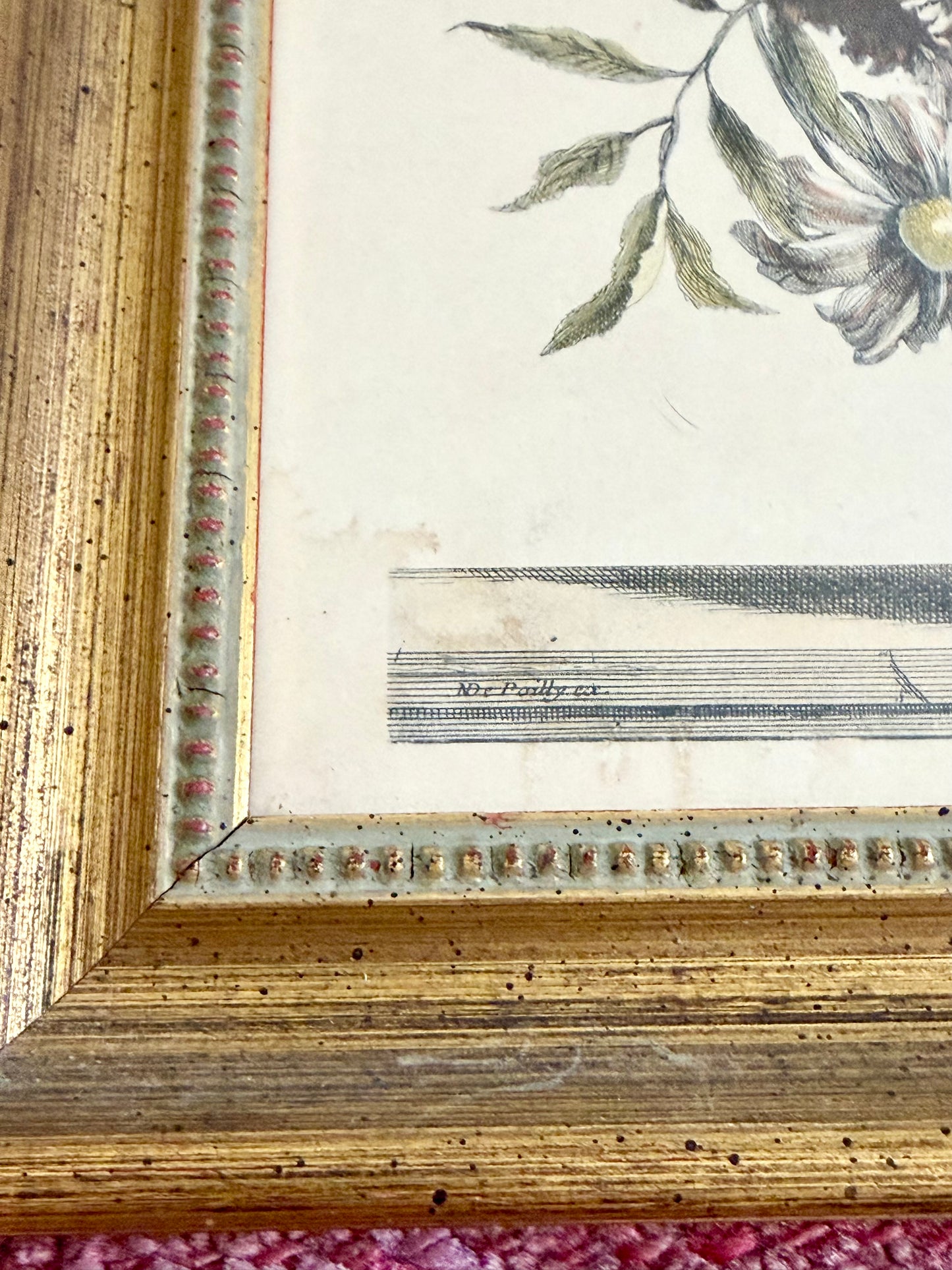 framed hand colored engraving of a floral arrangement attributed to Jean-Baptiste Monnoyer