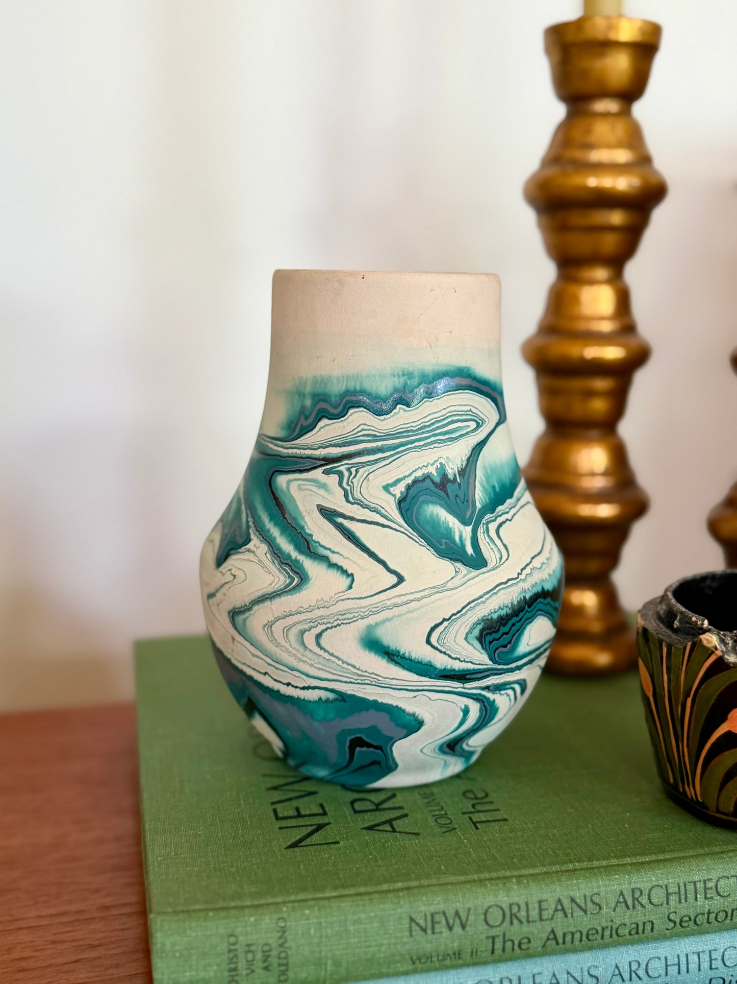 teal Nemadji marbelized pottery vase