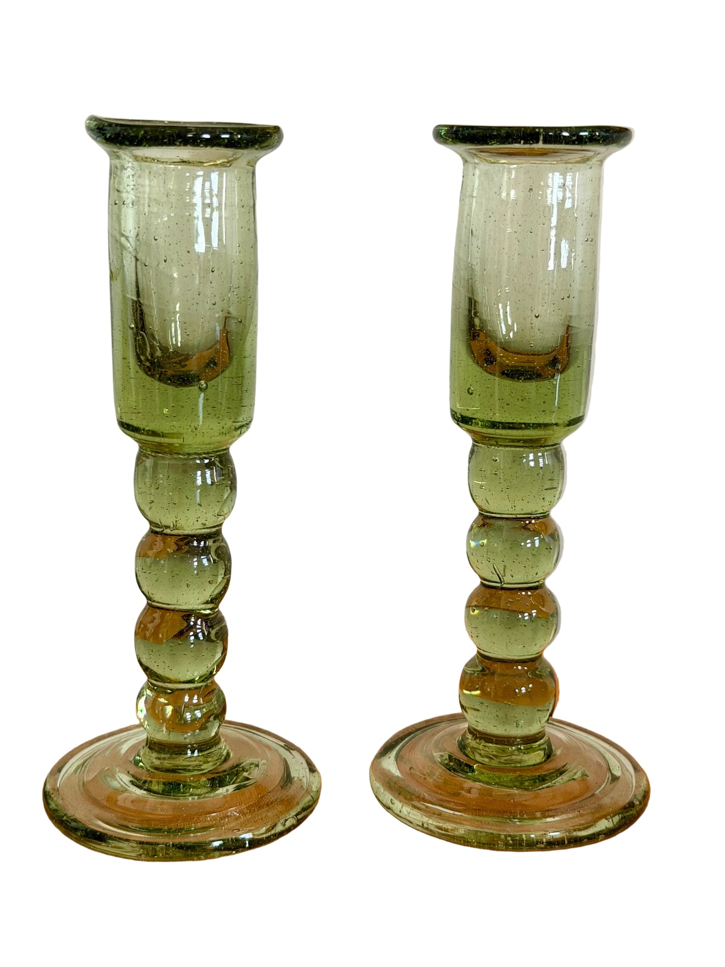 pair of green Jamestown Glasshouse handblown candlesticks