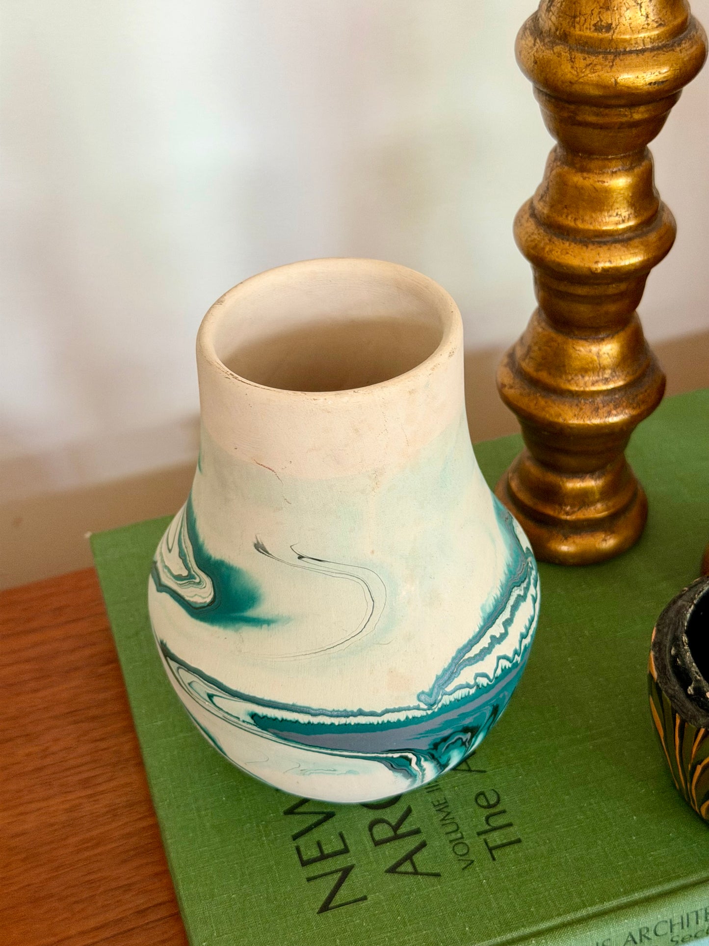 teal Nemadji marbelized pottery vase