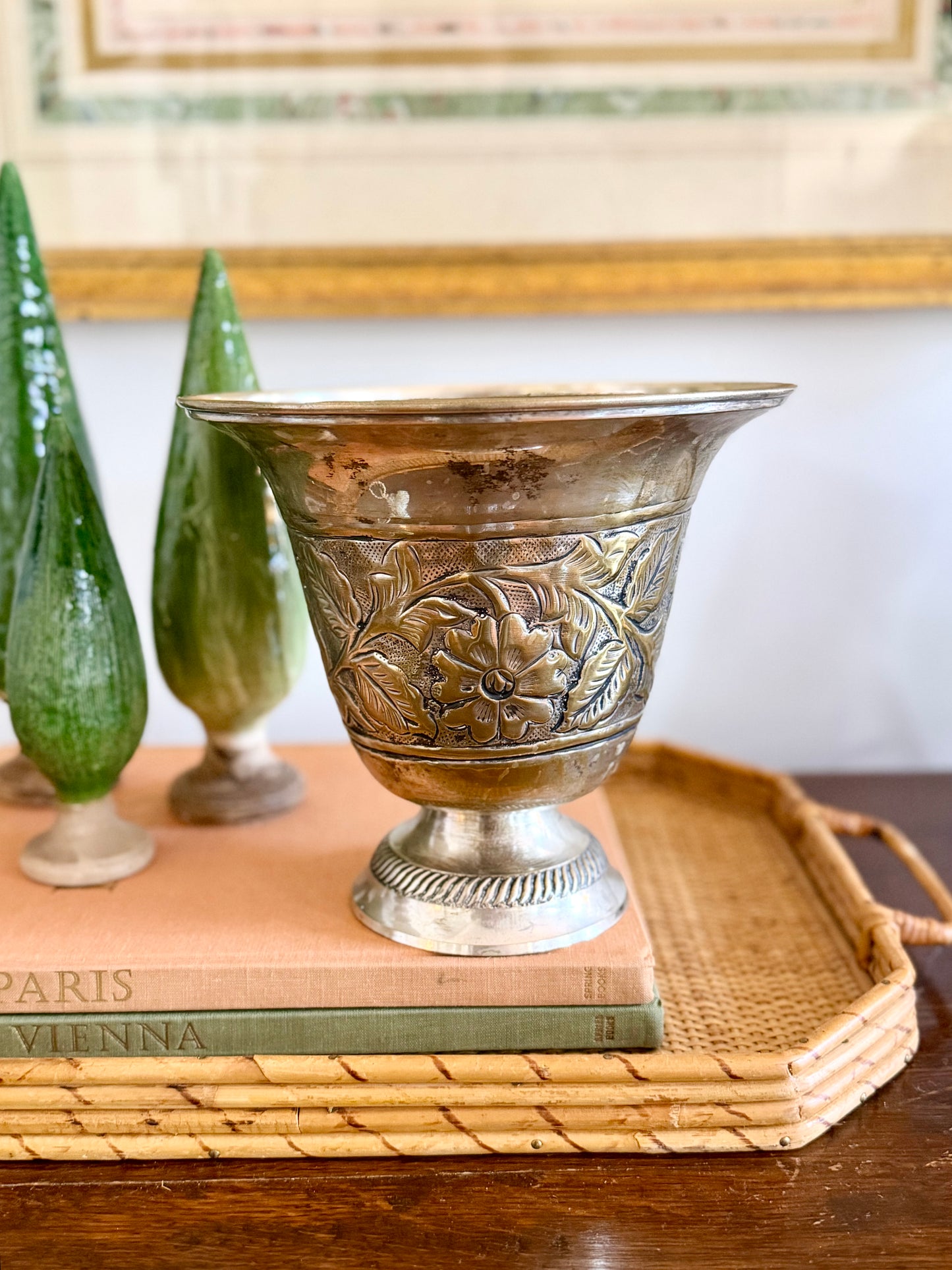hand-chased silver-plate floral footed vase