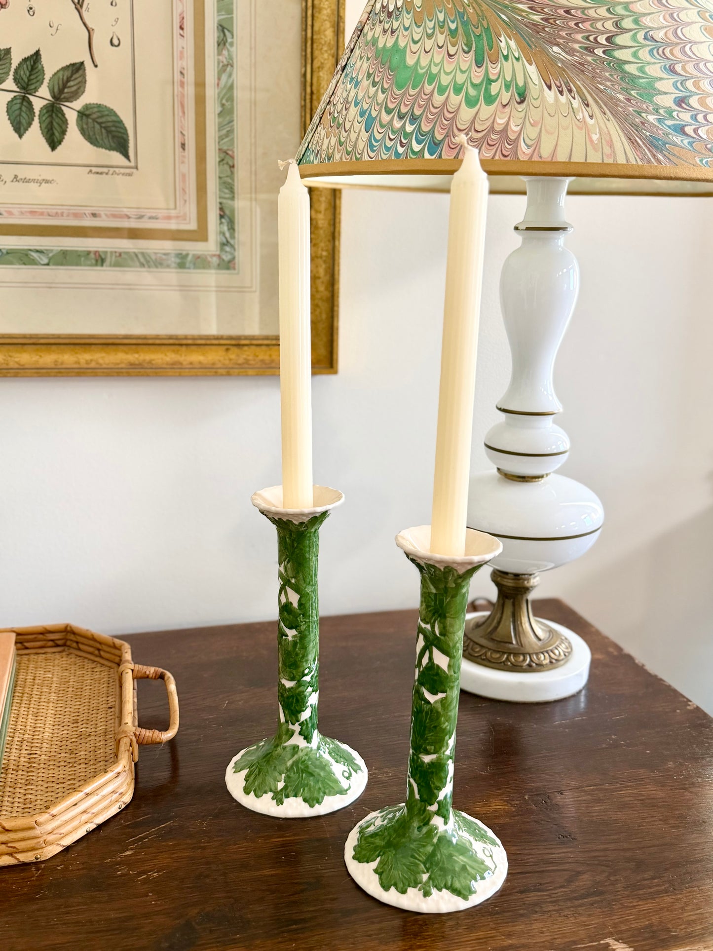 Bordallo Pinheiro ivy candlesticks holders, pair