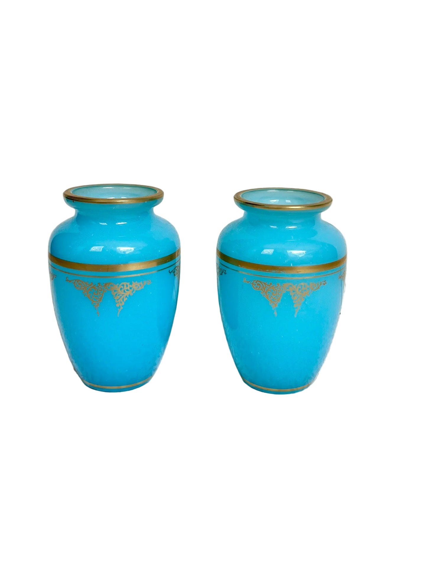 pair of Baccarat blue opaline agate bud vases with gold gilt