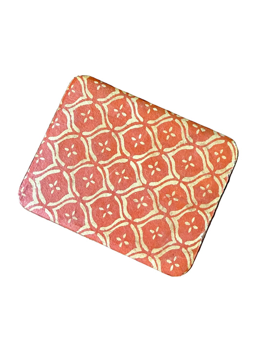 red-orange block print stamped wooden box