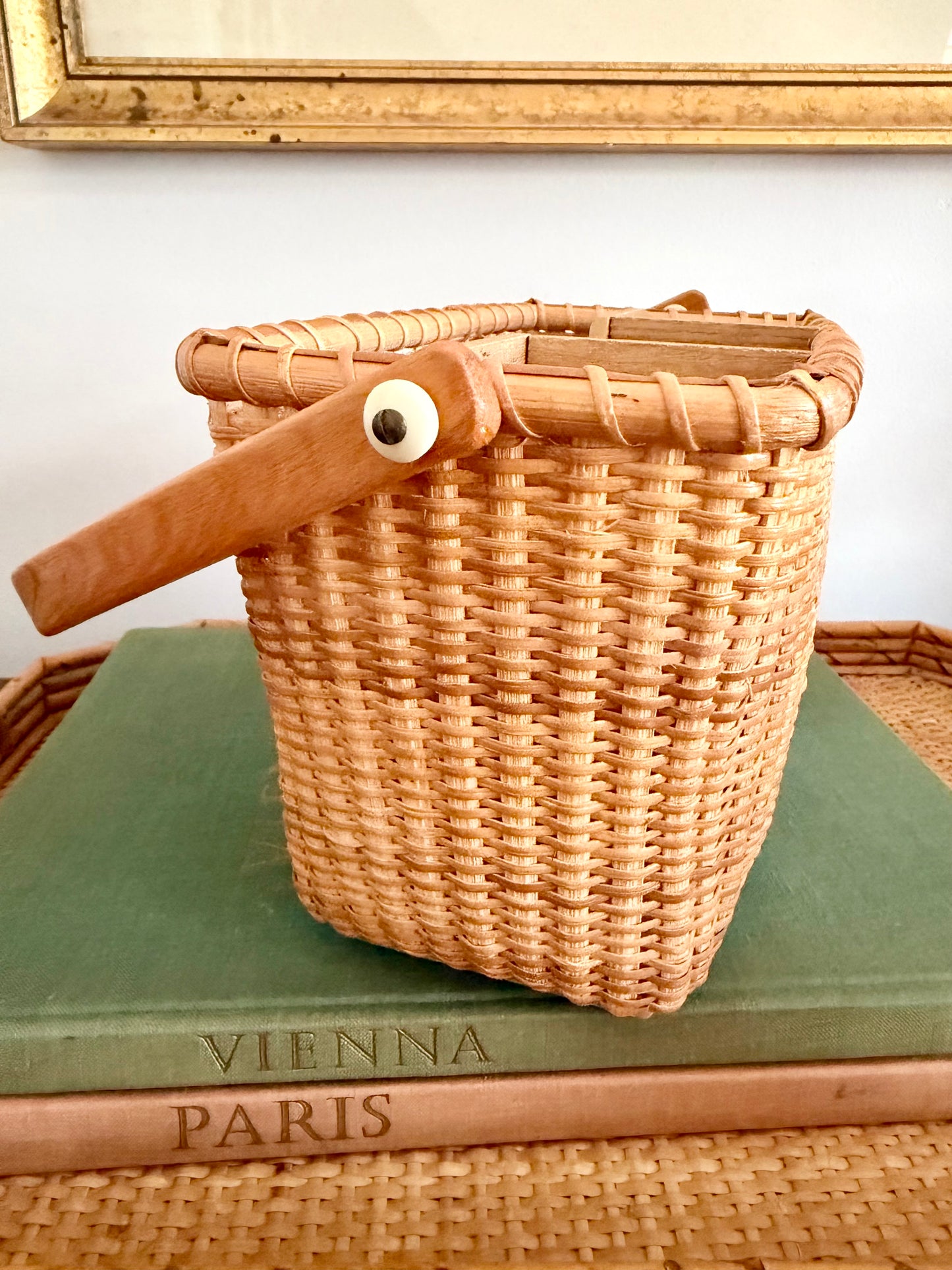 Nantucket-style woven wicker and wood flatware caddy