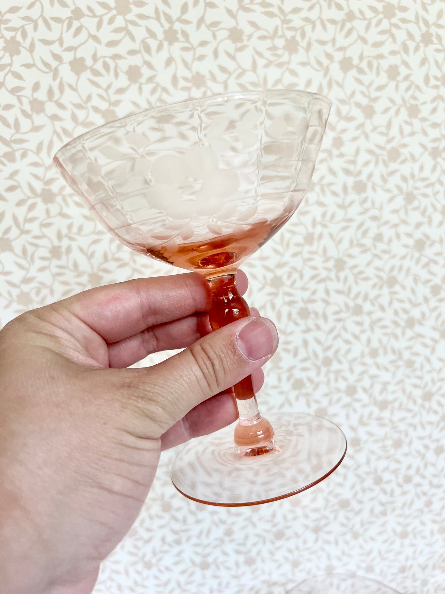 set of 6 etched pink depression glass coupes