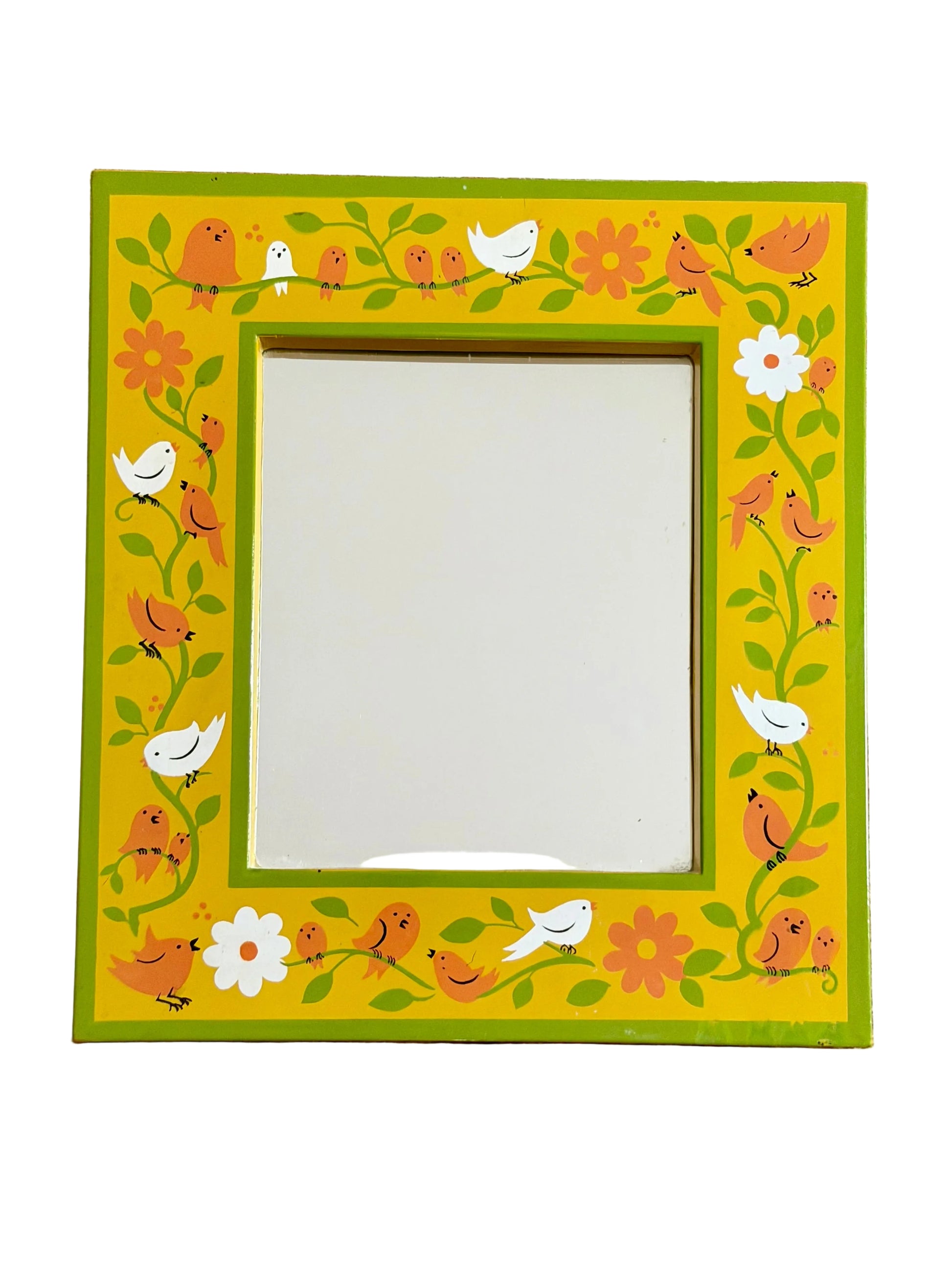 A square decorative mirror with a bright yellow border, hand-painted with orange birds, green leaves, white flowers, and small black details.