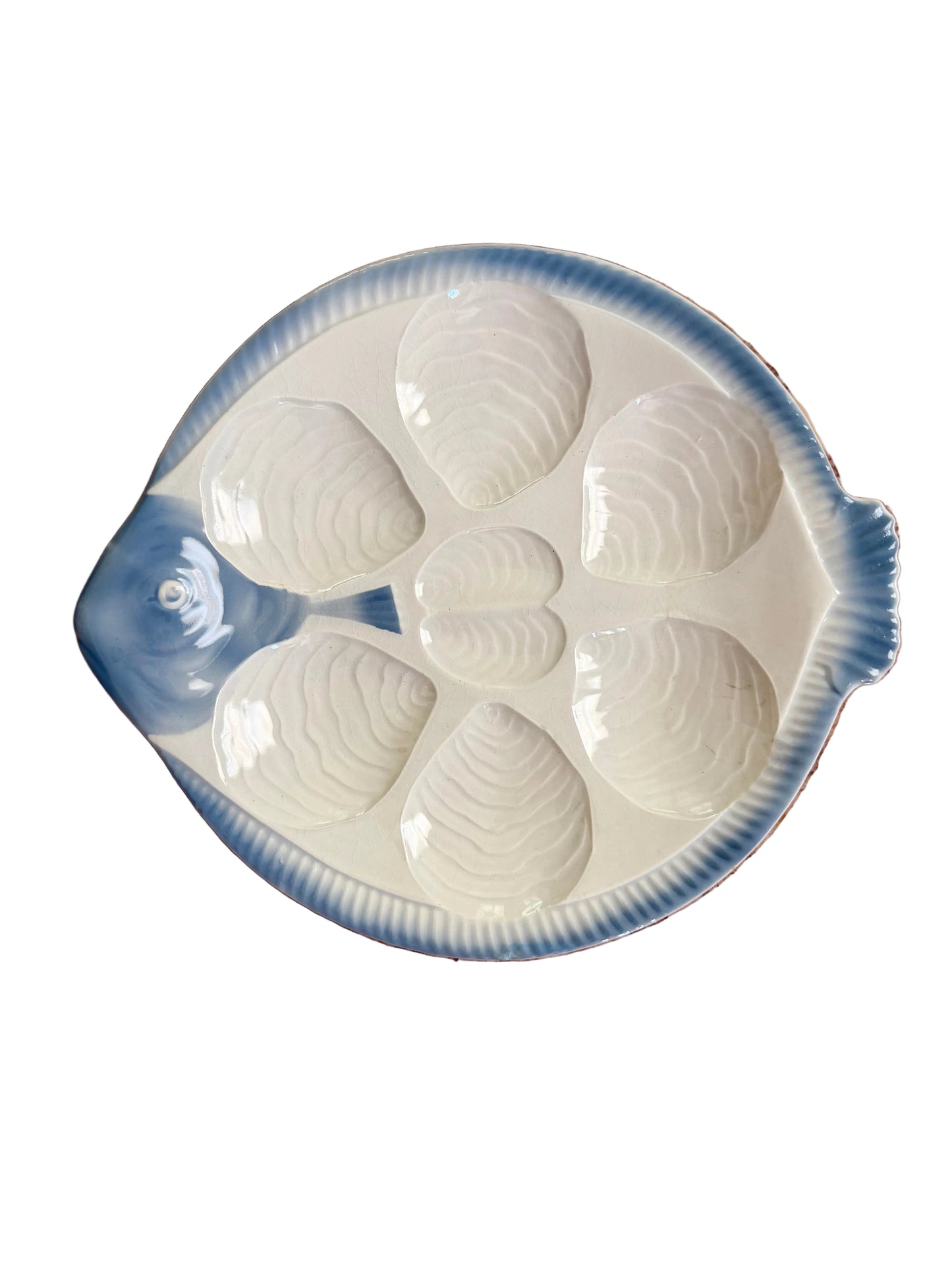 French blue and white fish-shaped oyster plate