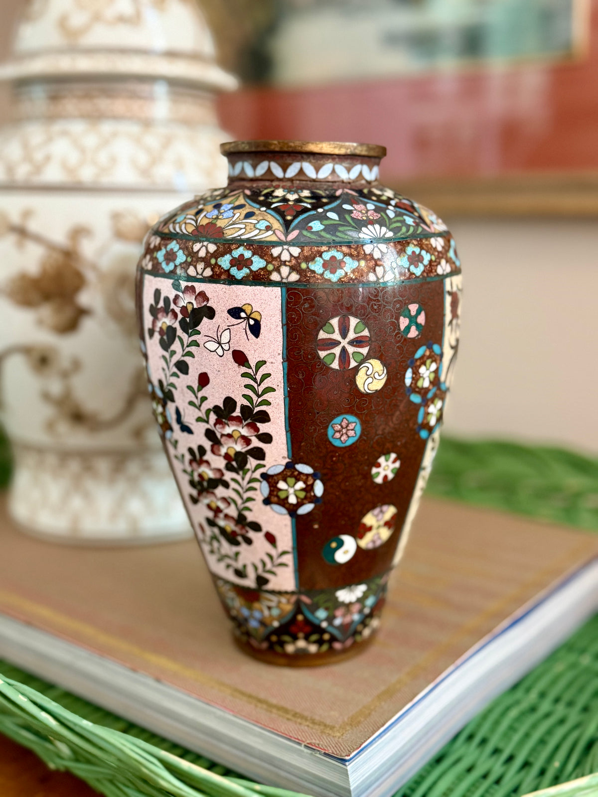 antique Chinese cloisonne vase with brown "goldstone" background