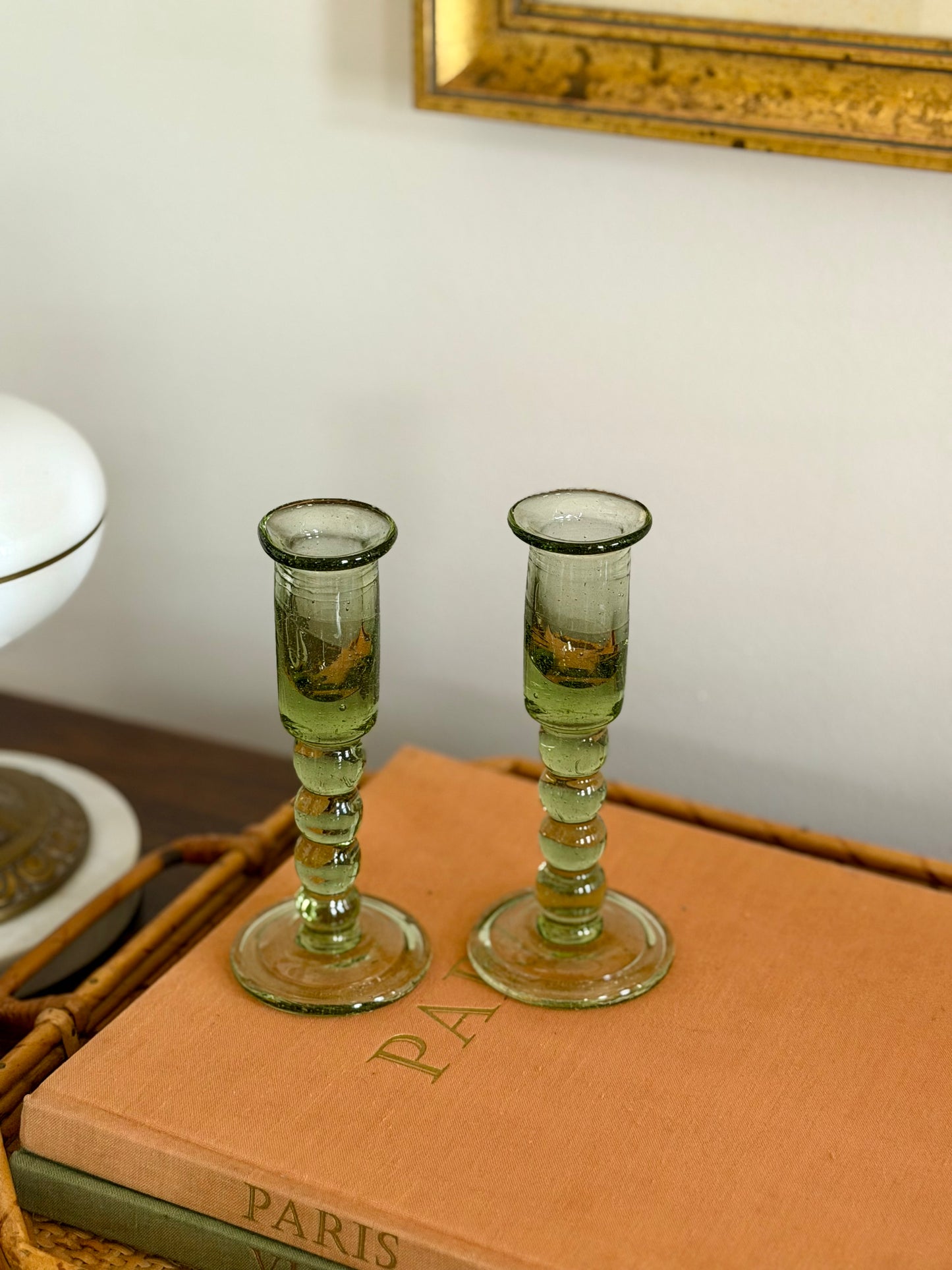 pair of green Jamestown Glasshouse handblown candlesticks