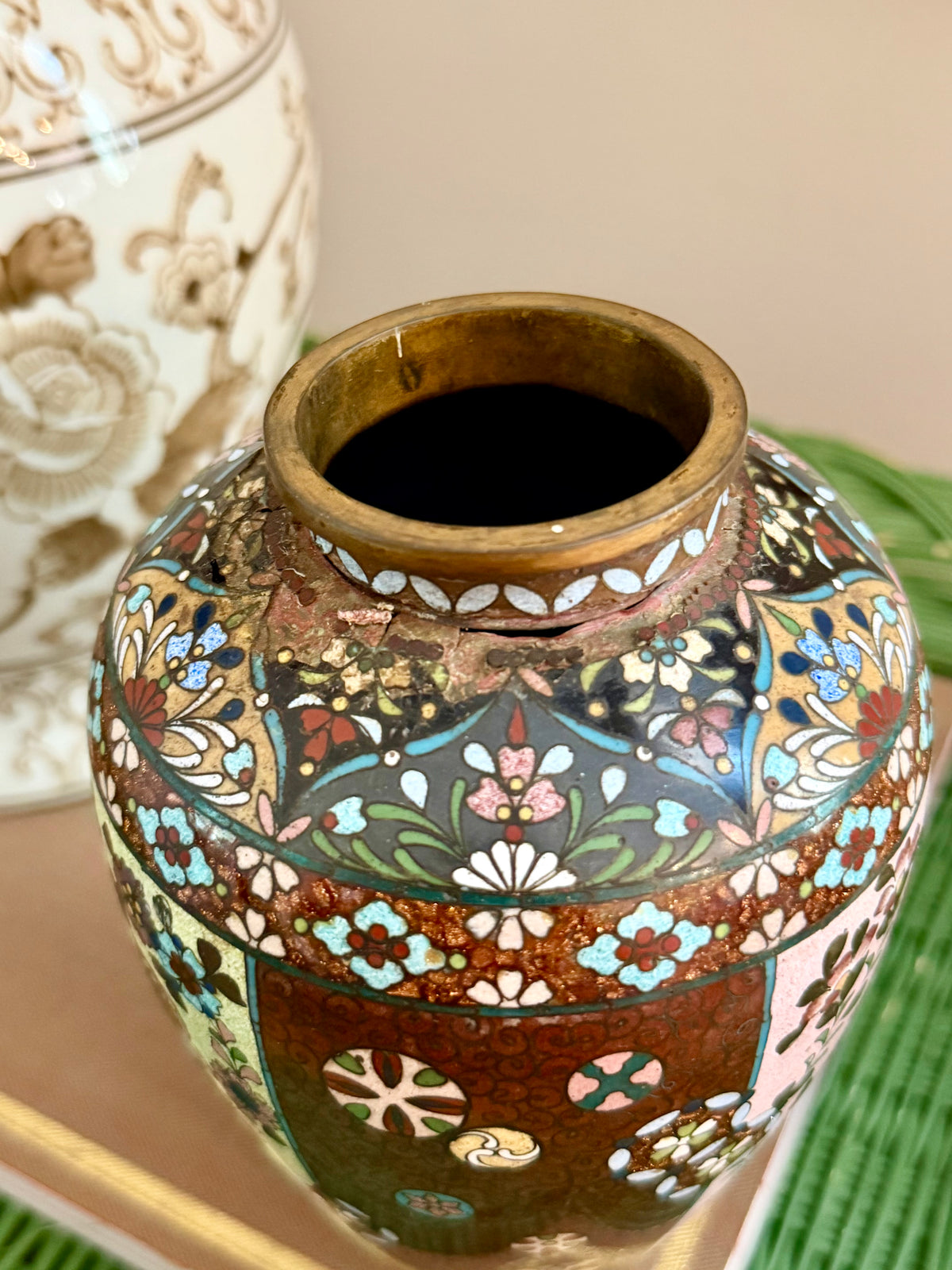 antique Chinese cloisonne vase with brown "goldstone" background