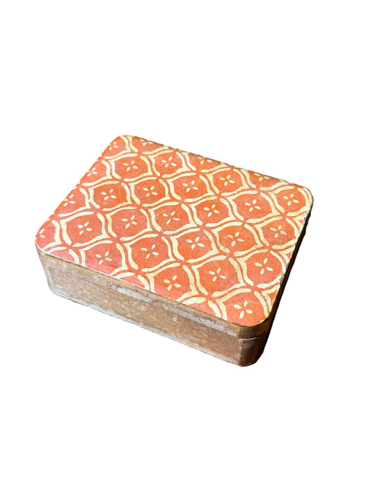 red-orange block print stamped wooden box