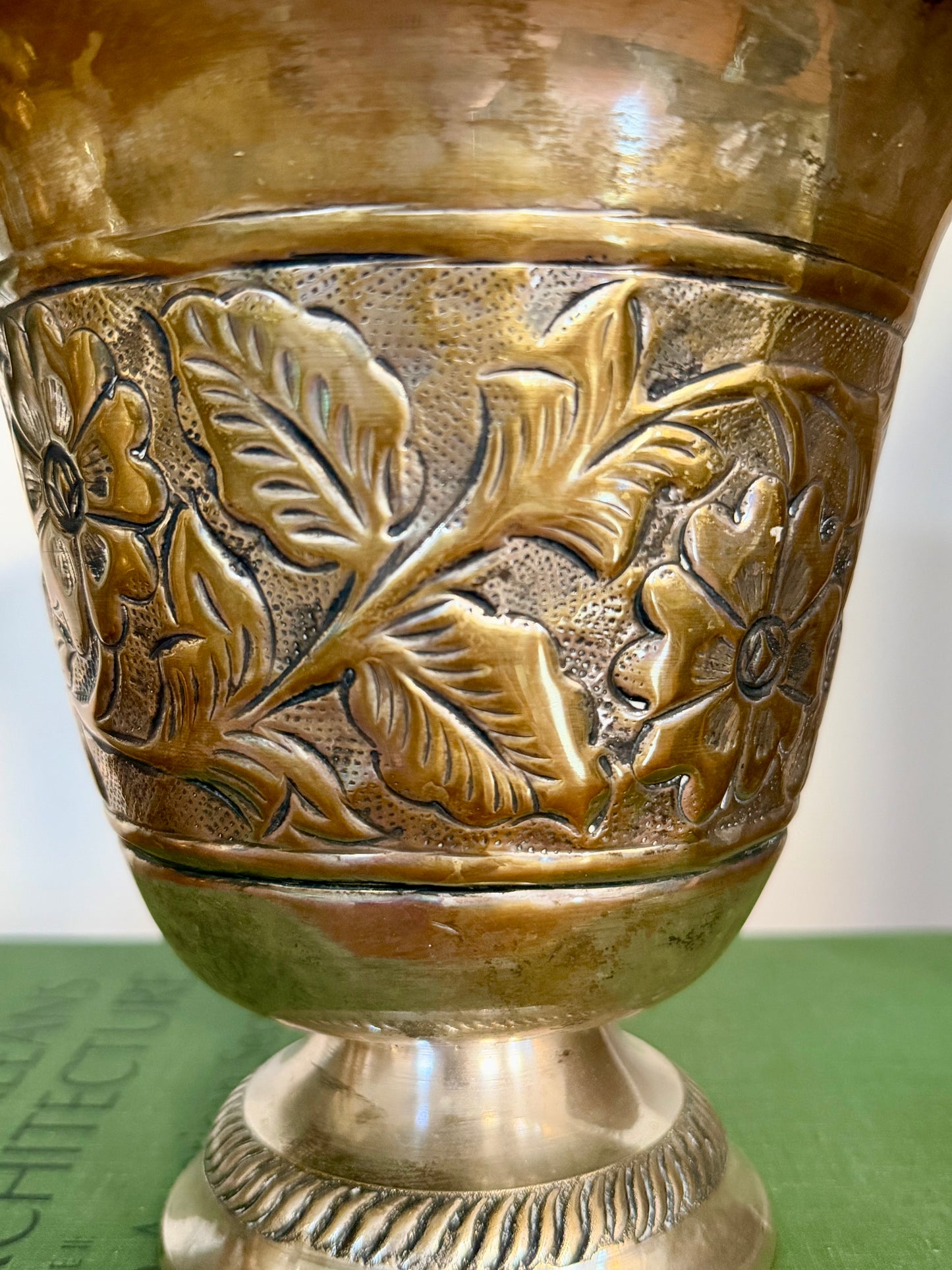 hand-chased silver-plate floral footed vase