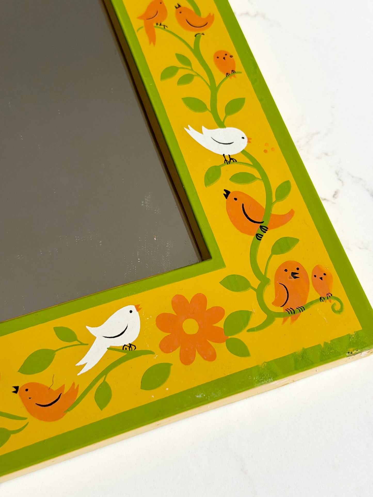 retro framed accent mirror hand painted with birds and flowers