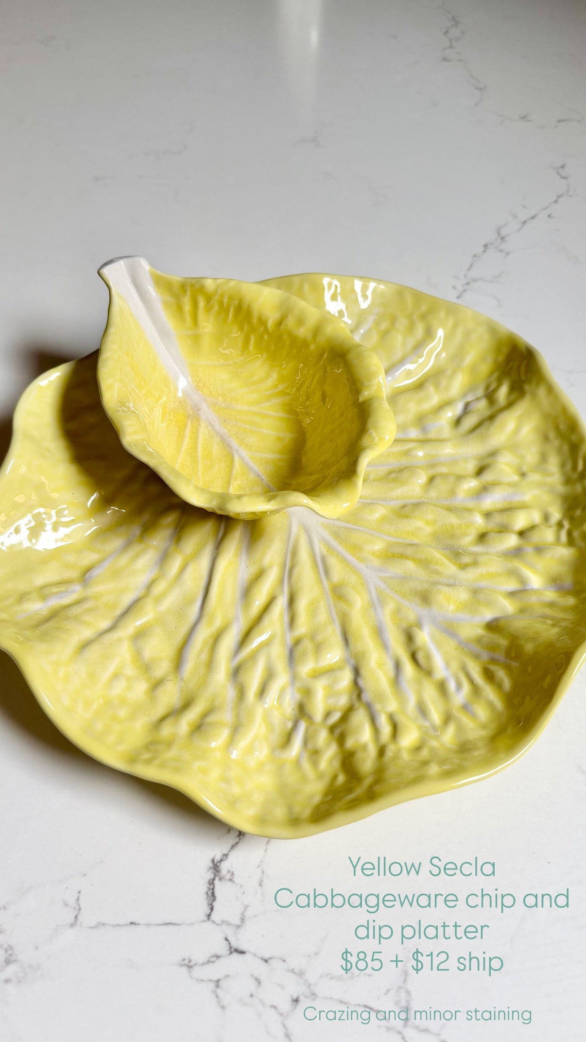 Secla yellow majolica cabbage chip and dip platter