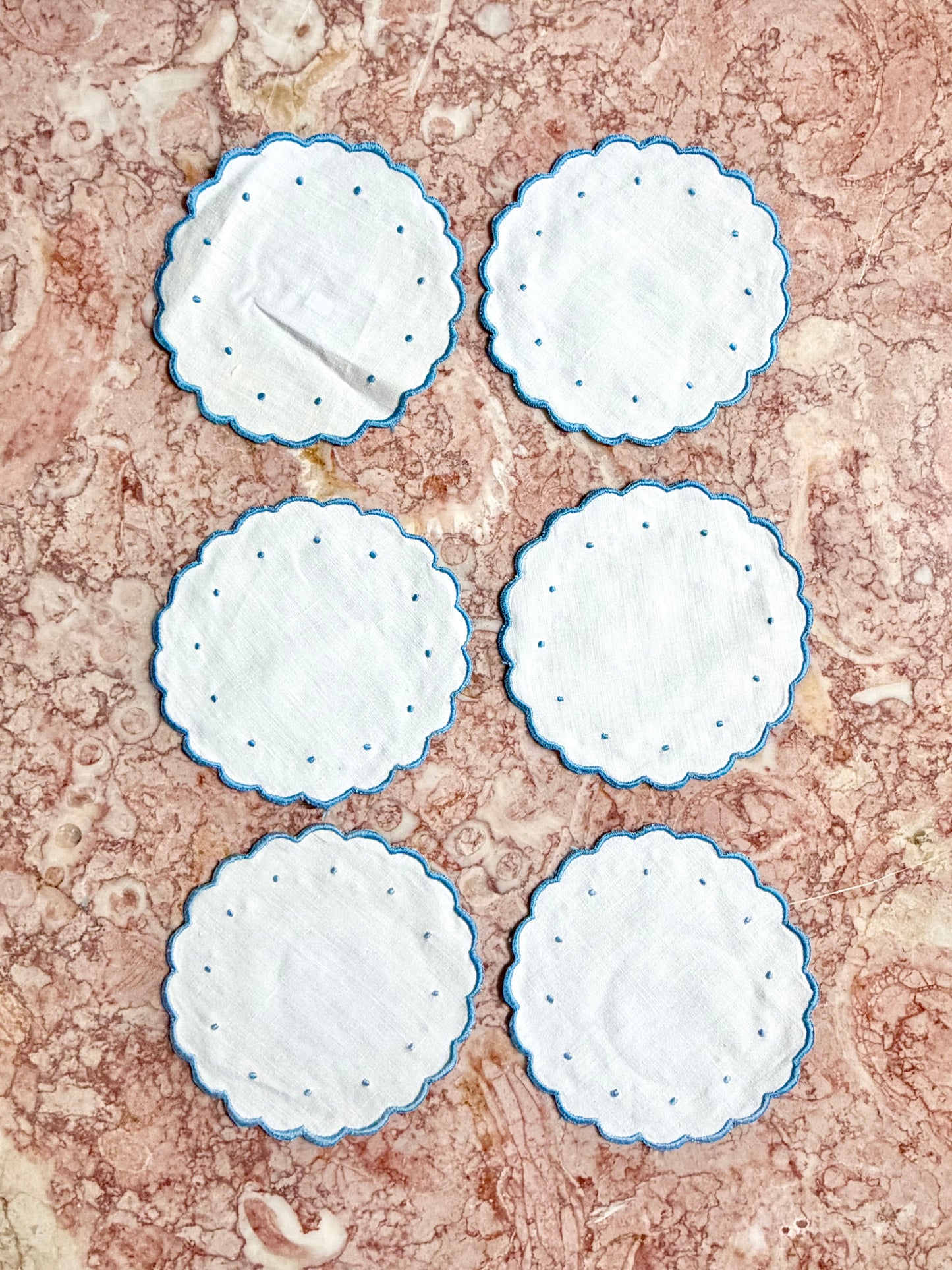 scalloped blue and white embroidered linen coasters, set of 6