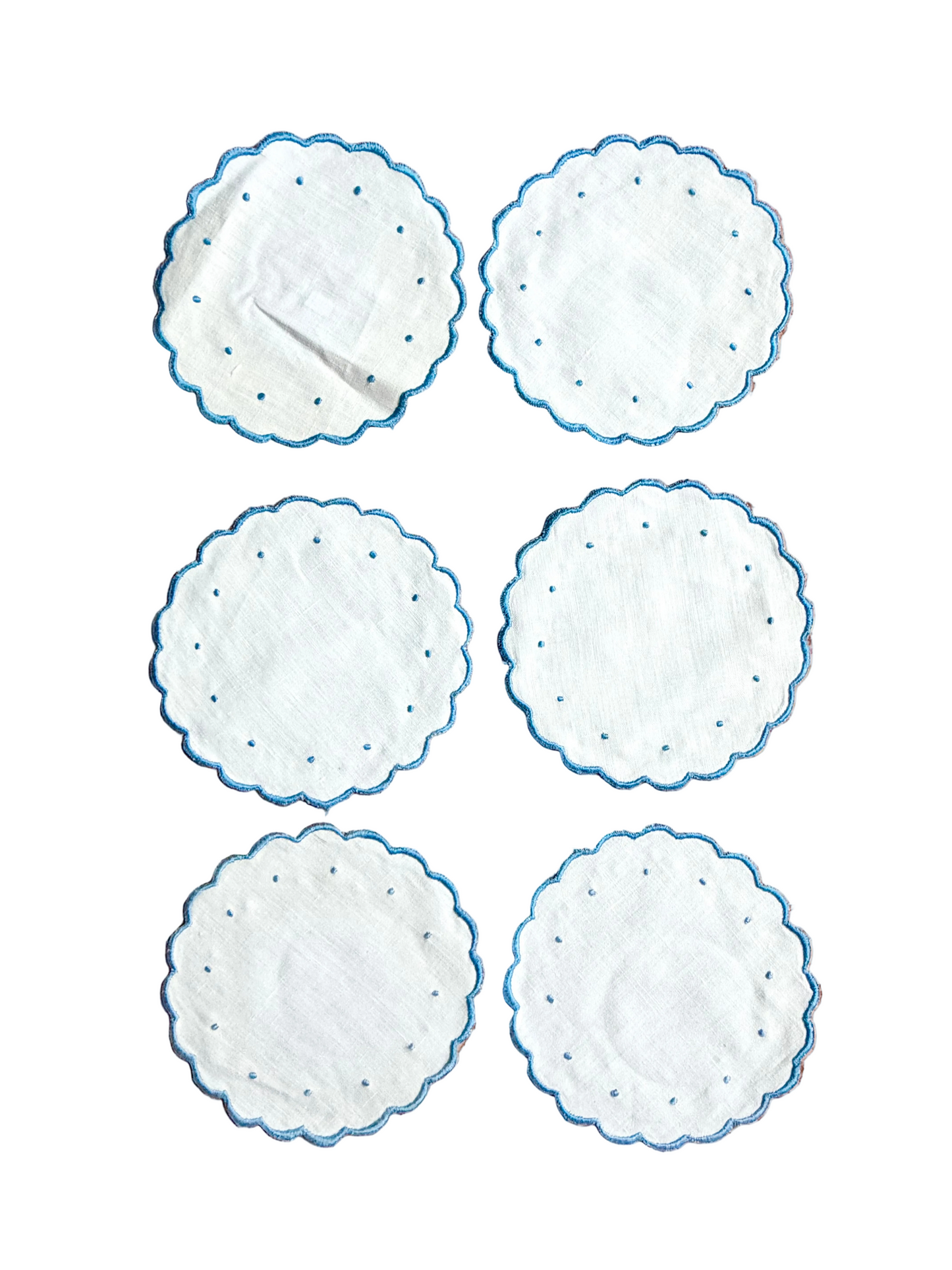 scalloped blue and white embroidered linen coasters, set of 6