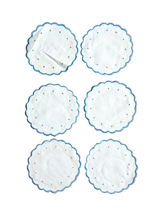 scalloped blue and white embroidered linen coasters, set of 6