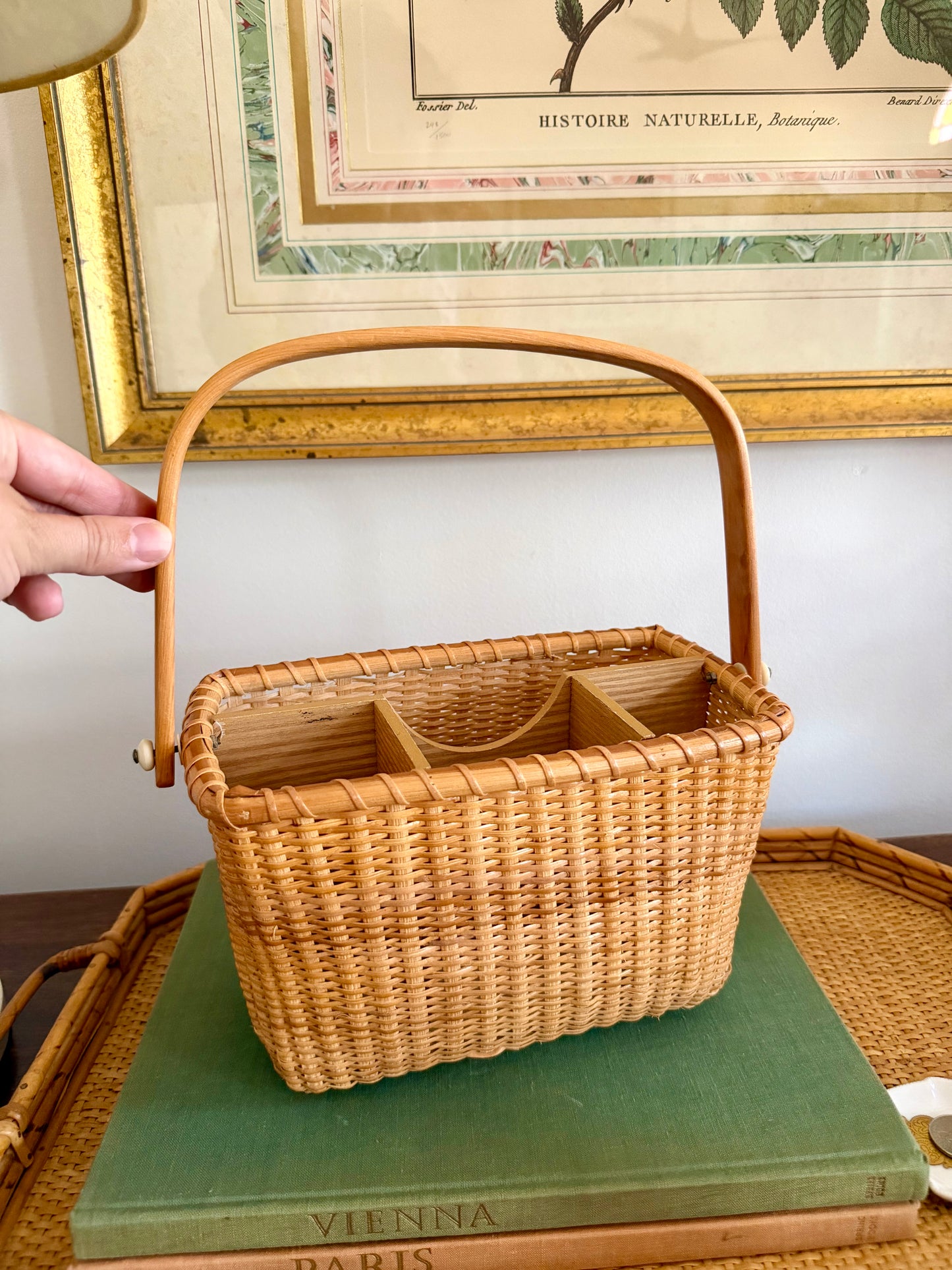 Nantucket-style woven wicker and wood flatware caddy