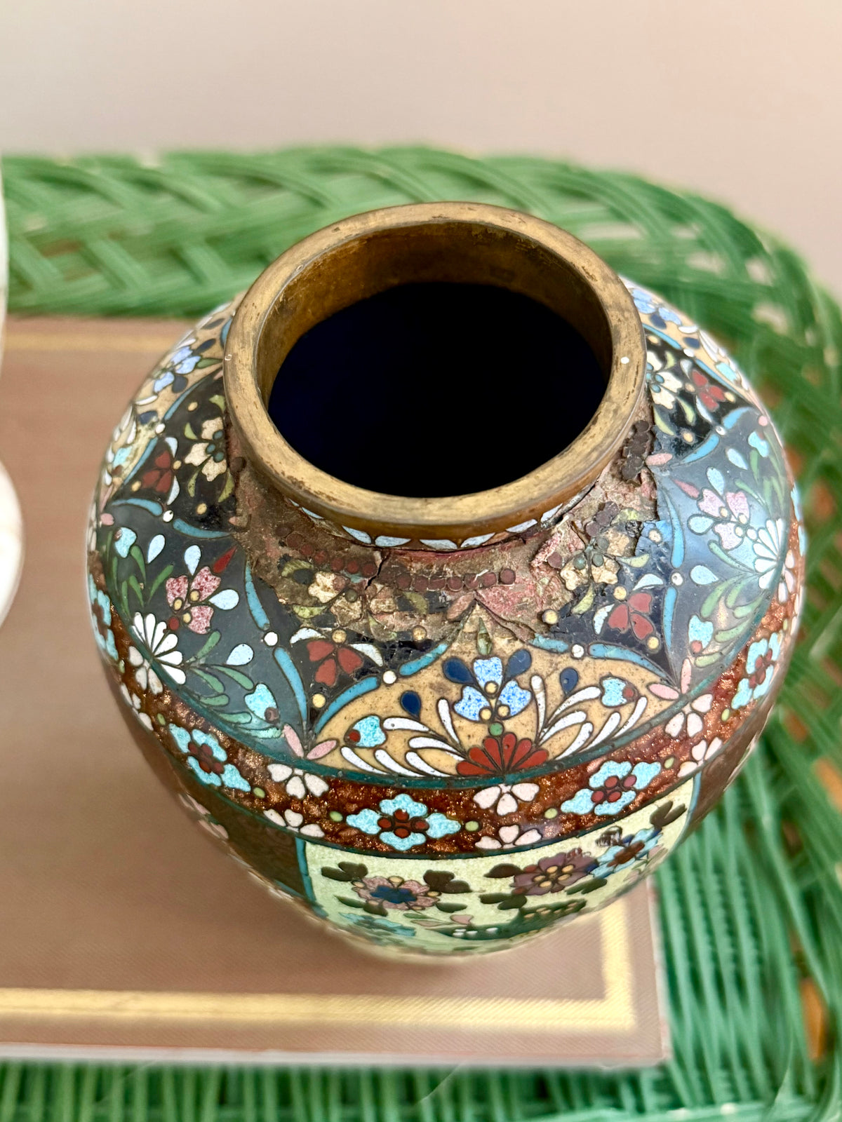 antique Chinese cloisonne vase with brown "goldstone" background