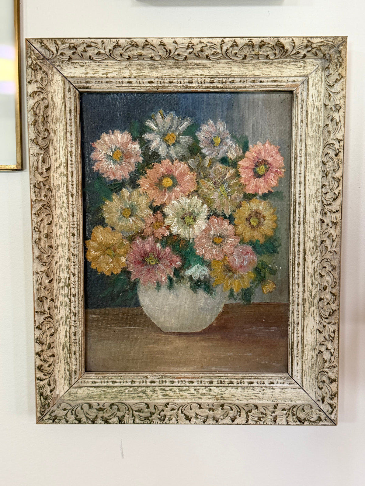still life of chrysanthemums in a white vase