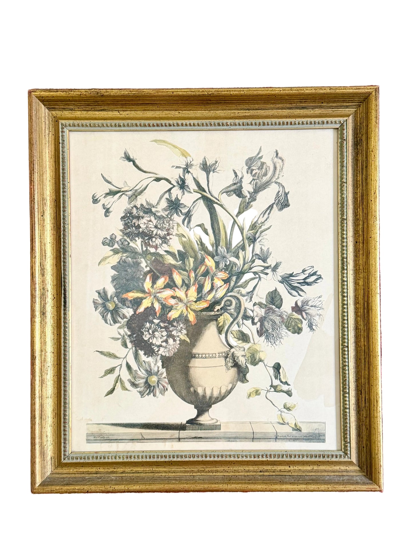 framed hand colored engraving of a floral arrangement attributed to Jean-Baptiste Monnoyer