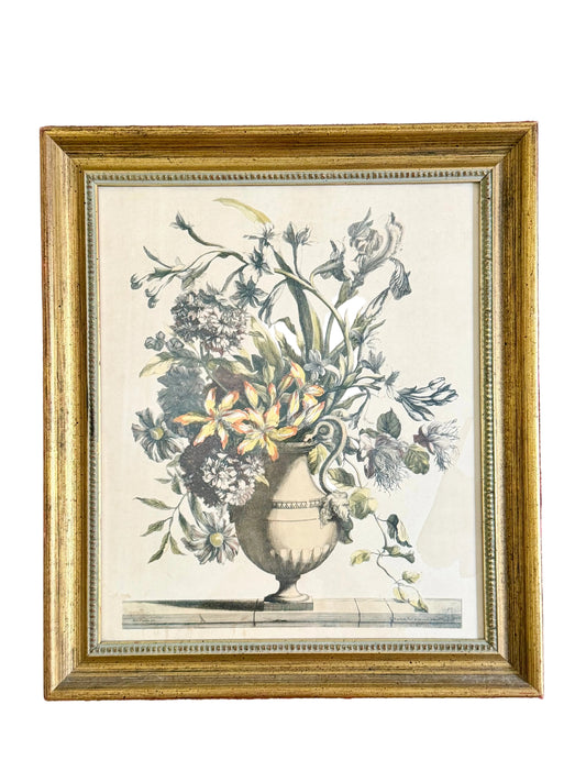 framed hand colored engraving of a floral arrangement attributed to Jean-Baptiste Monnoyer